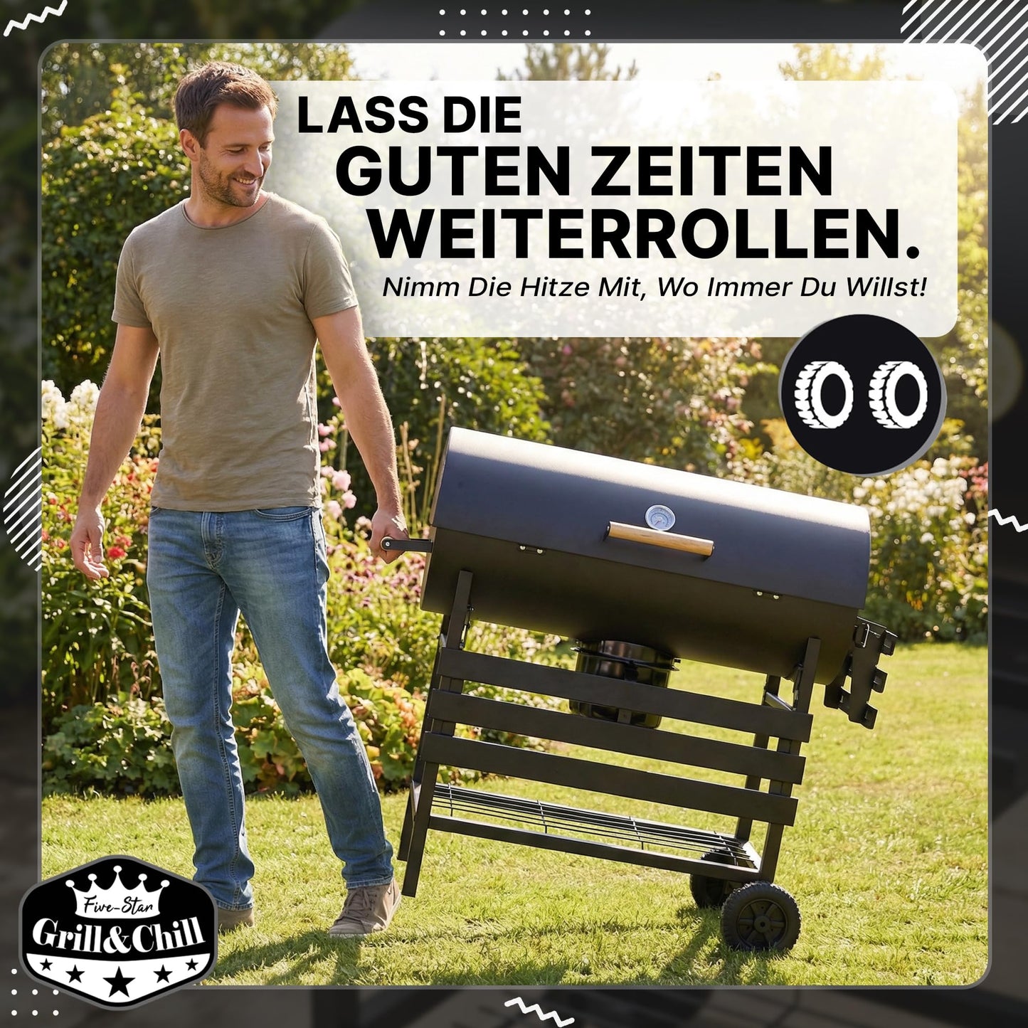 Five-Star Holzkohlegrill mit Deckel – Grillwagen 71×35 cm