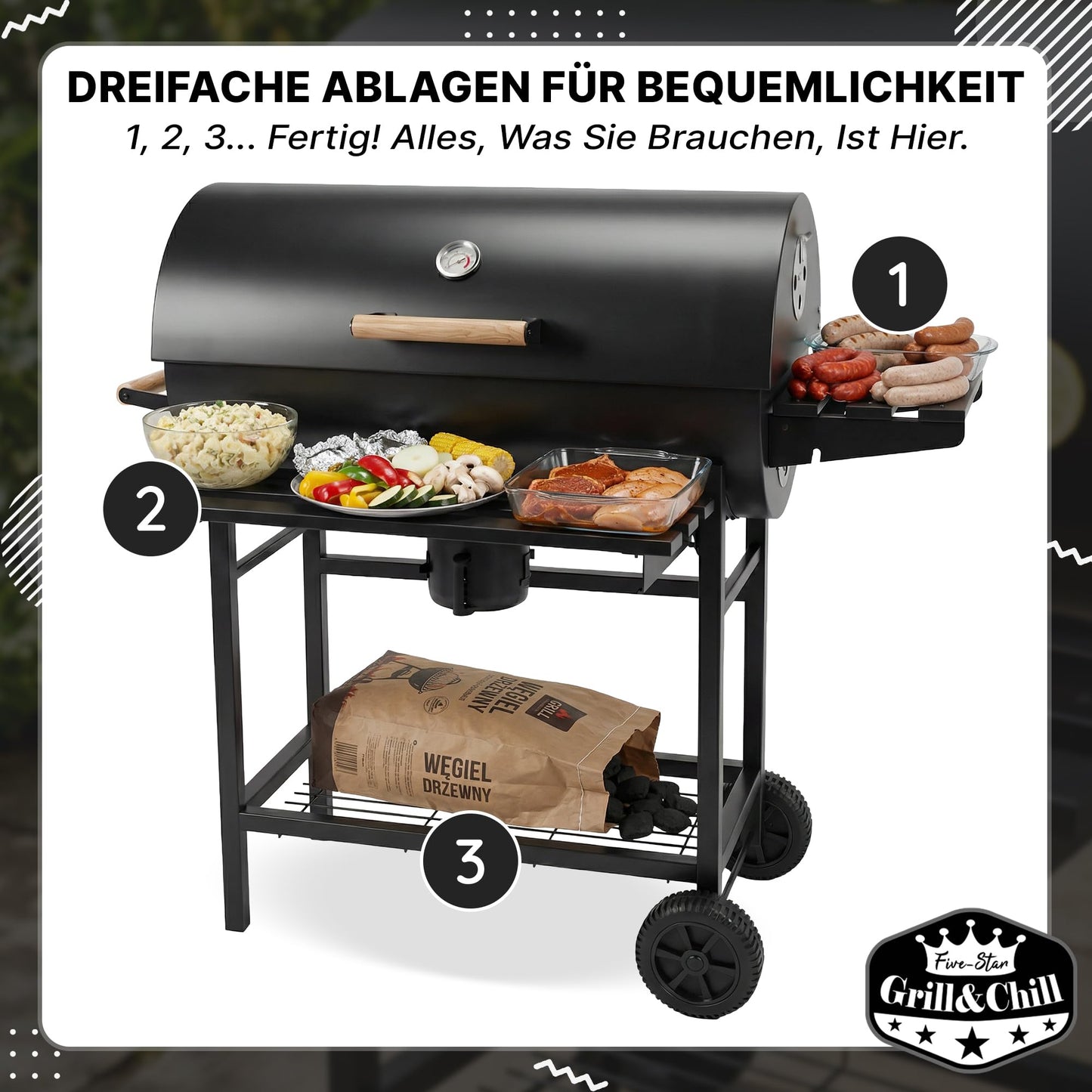 Five-Star Holzkohlegrill mit Deckel – Grillwagen 71×35 cm
