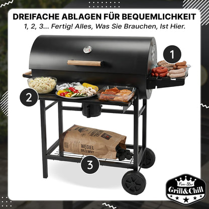 Five-Star Holzkohlegrill mit Deckel – Grillwagen 71×35 cm