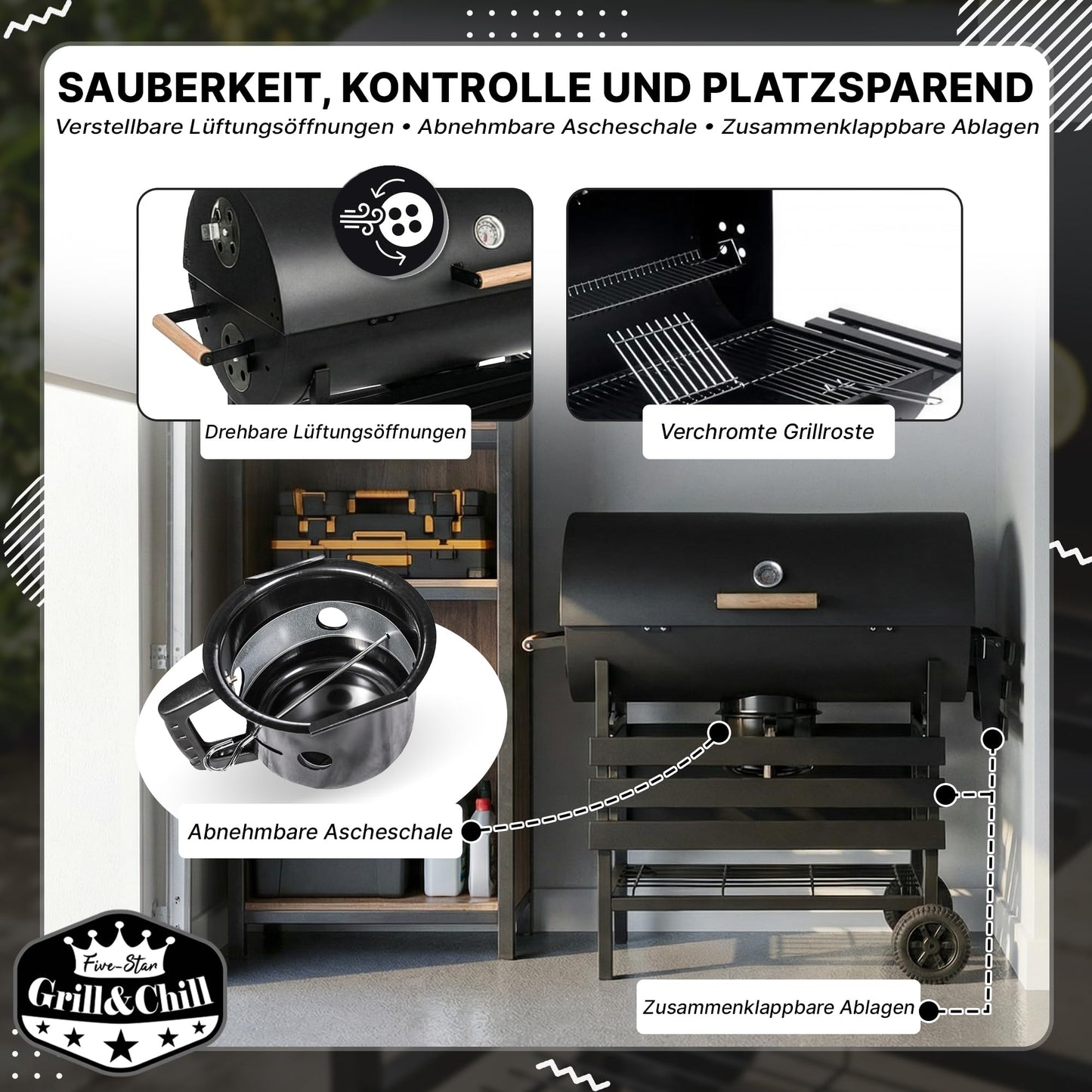 Five-Star Holzkohlegrill mit Deckel – Grillwagen 71×35 cm