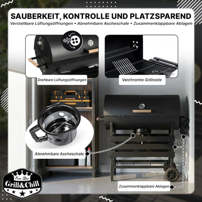 Five-Star Holzkohlegrill mit Deckel – Grillwagen 71×35 cm