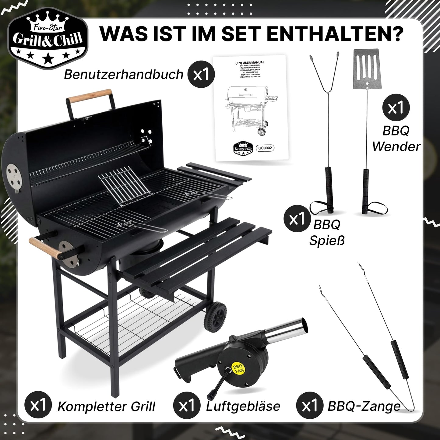 Five-Star Holzkohlegrill mit Deckel – Grillwagen 71×35 cm