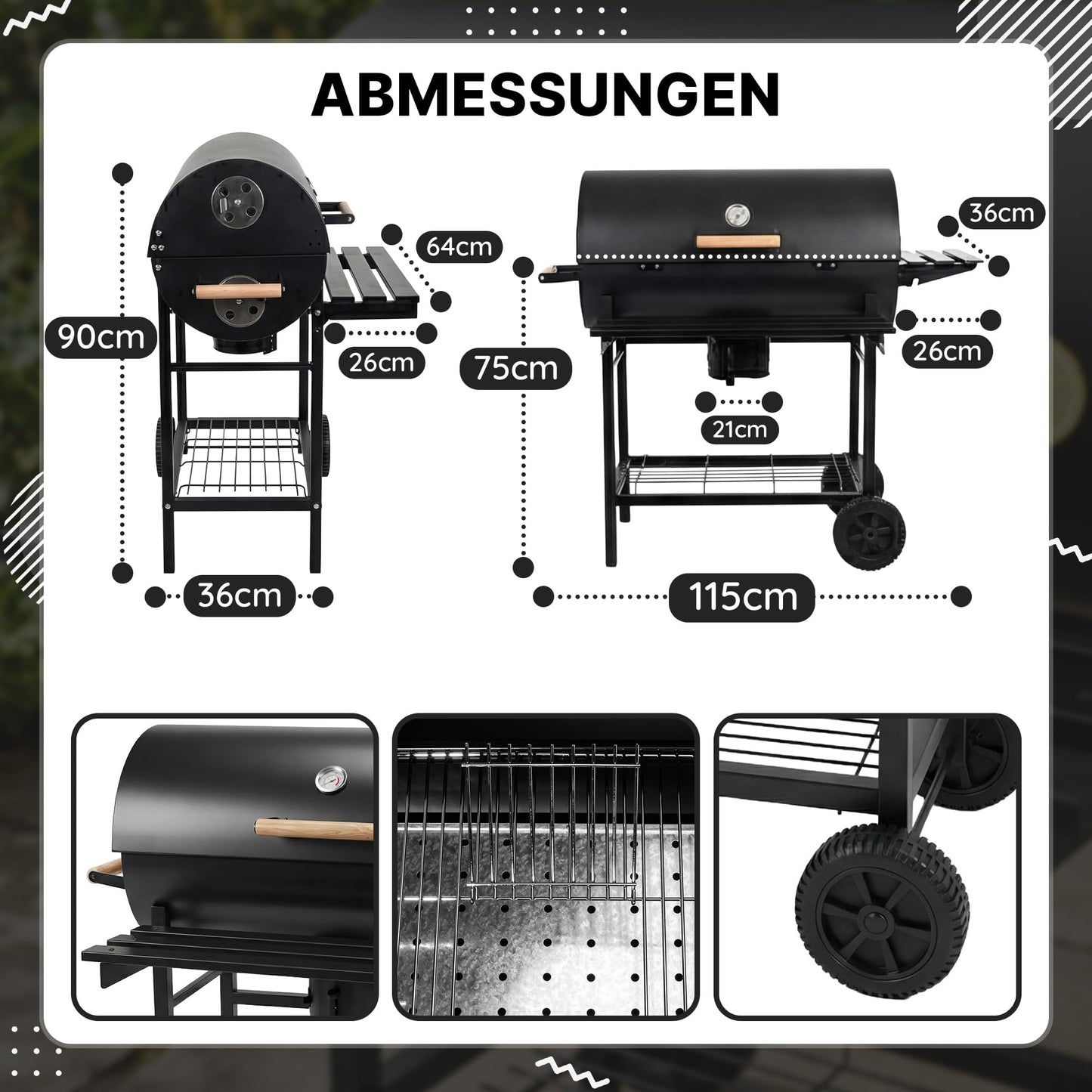 Five-Star Holzkohlegrill mit Deckel – Grillwagen 71×35 cm