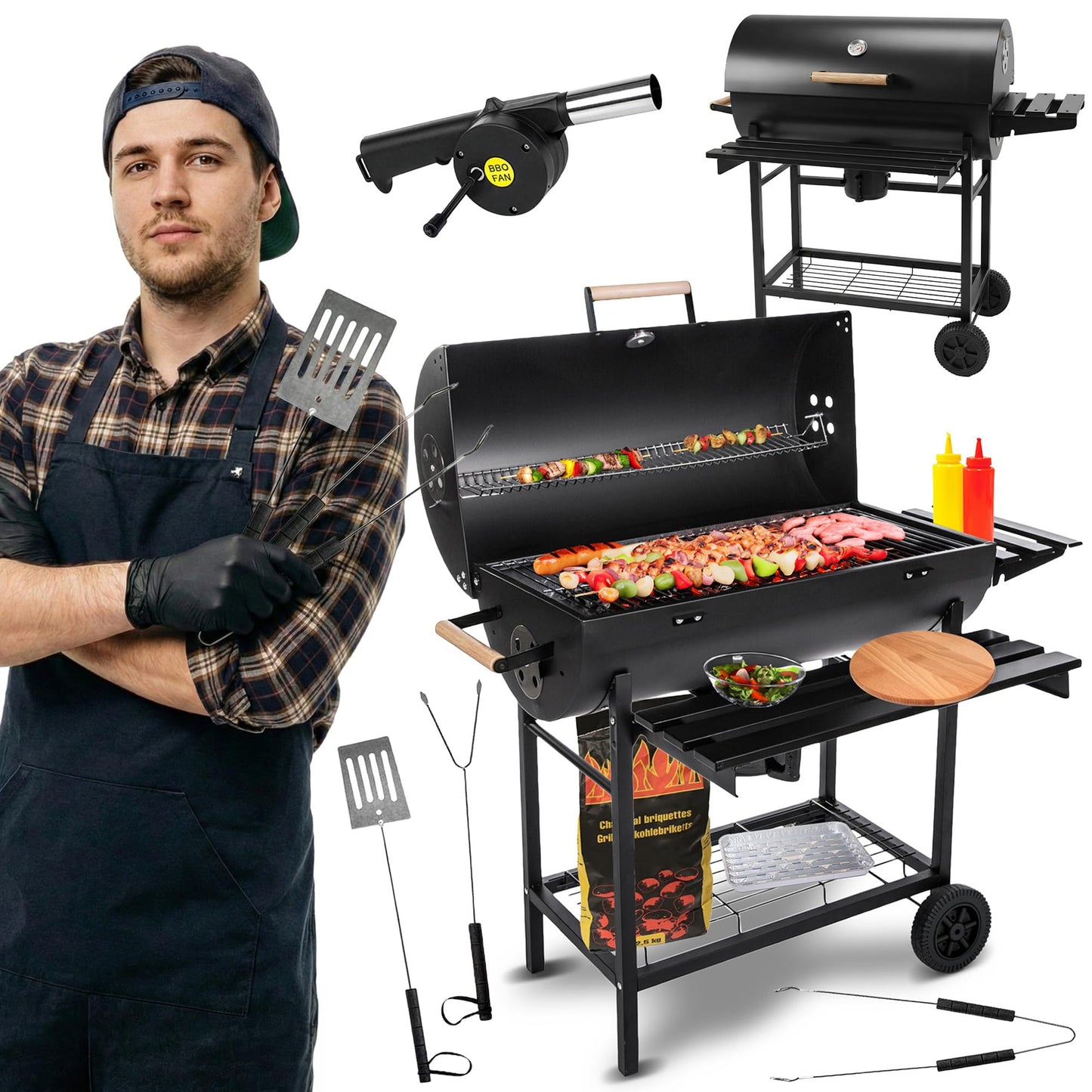 Five-Star Holzkohlegrill mit Deckel – Grillwagen 71×35 cm