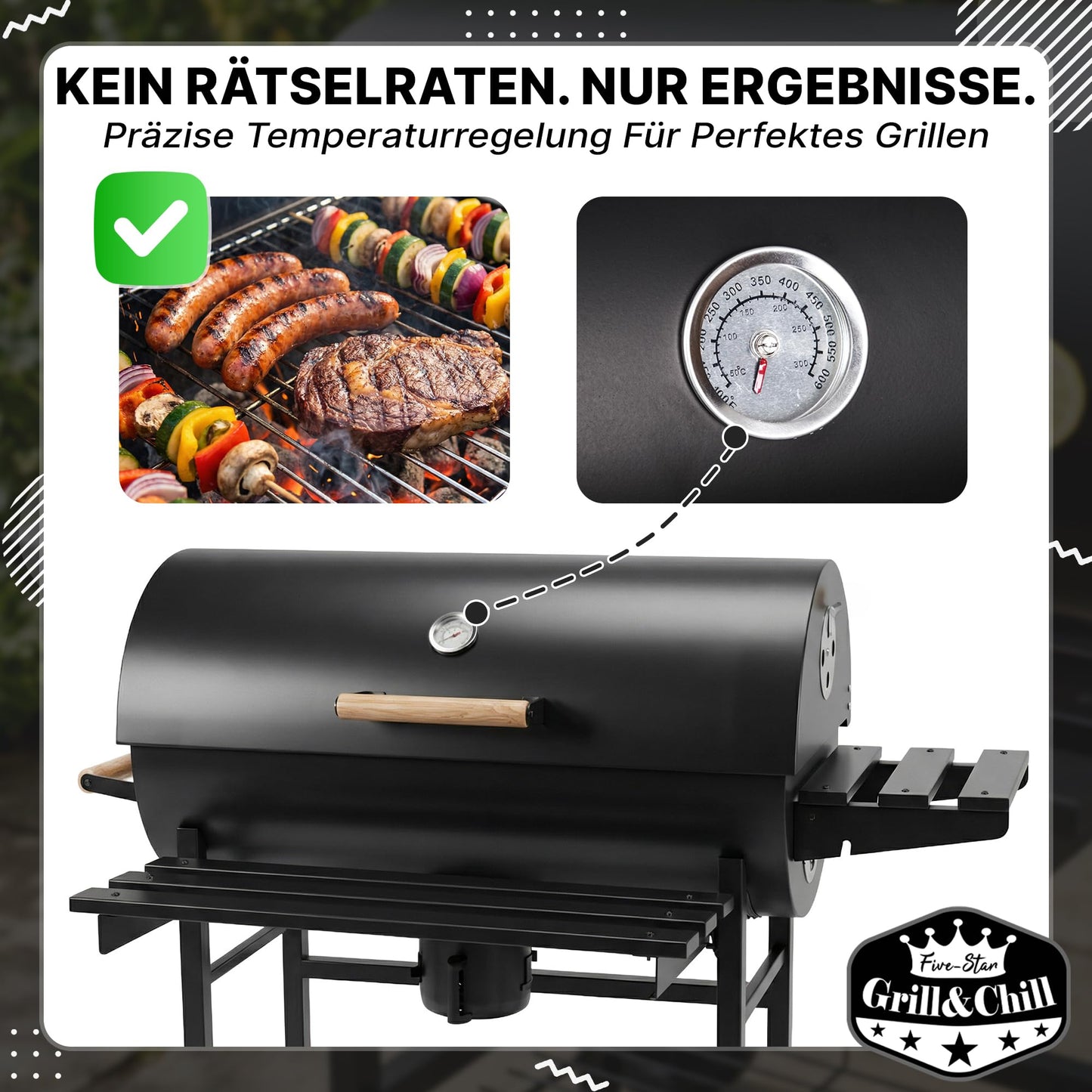 Five-Star Holzkohlegrill mit Deckel – Grillwagen 71×35 cm