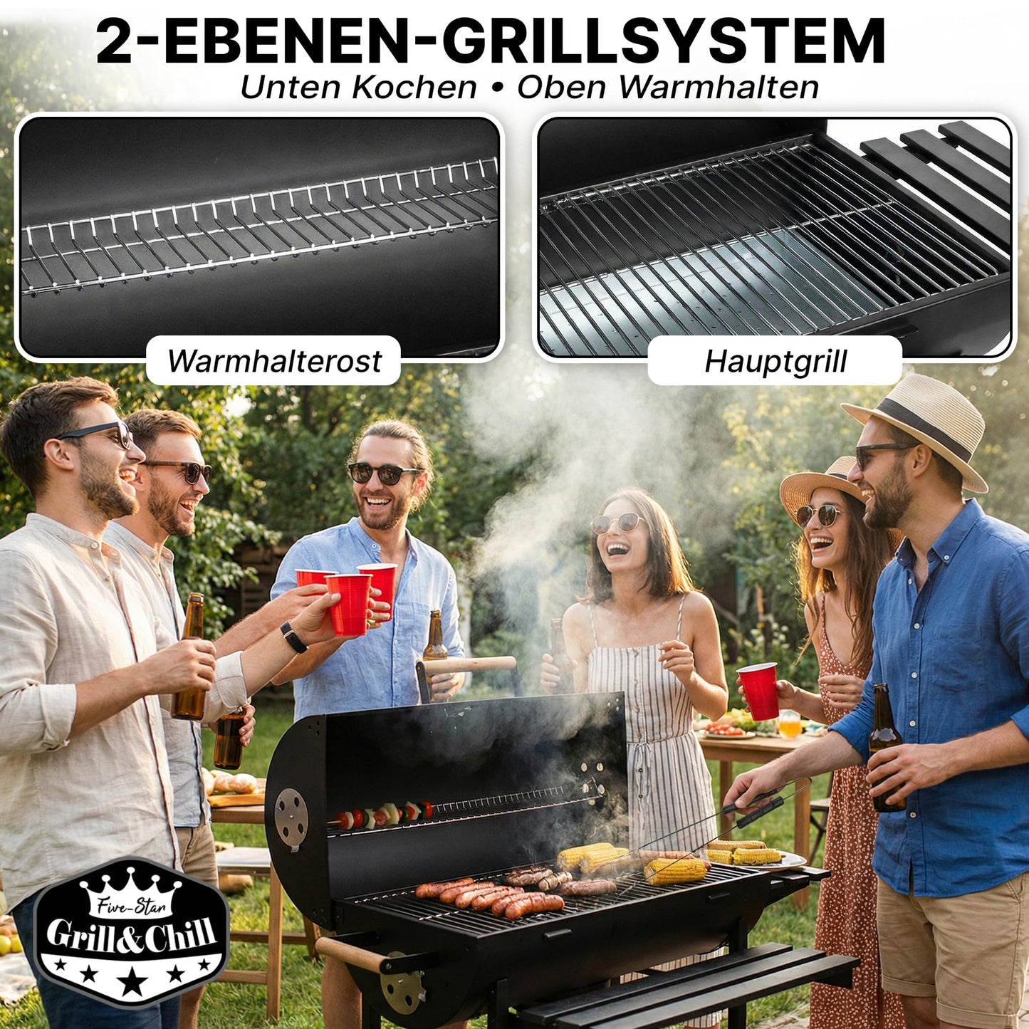 Five-Star Holzkohlegrill mit Deckel – Grillwagen 71×35 cm